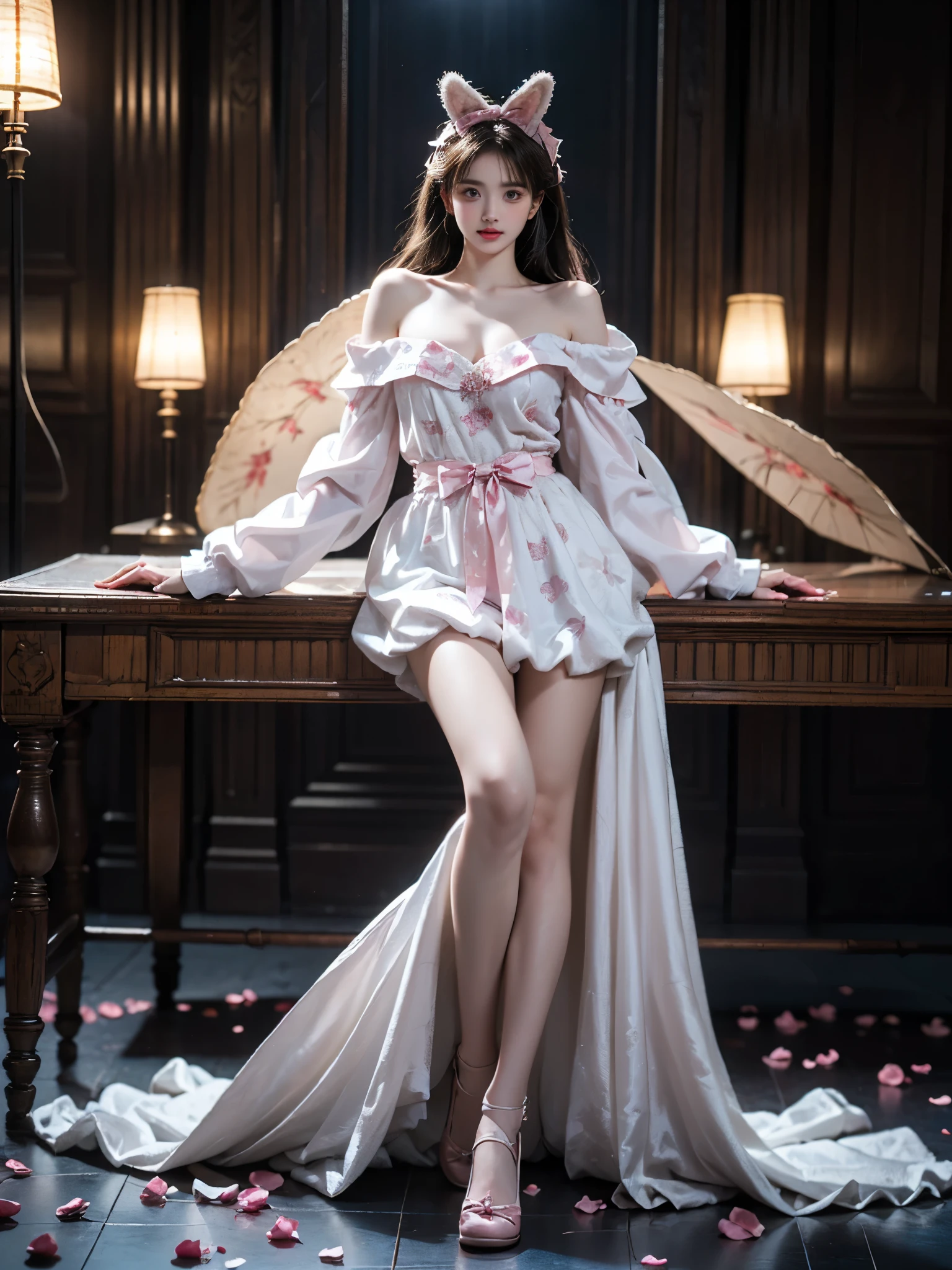cyb dress,rabbit dress,white dress,rabbit skirt,shirt,animal print shirt,long sleeves,bow,pink bow,rabbit ears,rabbit print ,, (full body:1.4), (45 Angle shot from top to bottom:1.3), (photorealistic:1.3), masterpiece, best quality, (beautiful young woman:1.4), (Sit sideways on the floor), (single bare shoulder:1.3), (Big bust, very short hemline), (anatomically correct:1.5), (correct human anatomy:1.4), (realistic body proportions:1.4), (natural pose:1.3), (graceful posture:1.3), Beautiful romantic style, scattered rose petals, cinematic lighting, 8k raw photo, (relaxed:1.1), (looking at camera:0.9), (romantic atmosphere:1.3), (dreamy mood:1.2), (ethereal glow:1.2), (cinematic lighting:1.25), (high resolution:1.3)