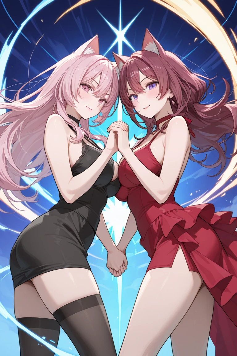 A woman with long, white hair with bangs and waves,She will wear a black and white dress.,She will be hugging a red haired woman who will be wearing a red dress and a purple haired Asian woman will be wearing a purple and red dress and headphones around her neck..,They will be at a singer's concert and there will be red lights