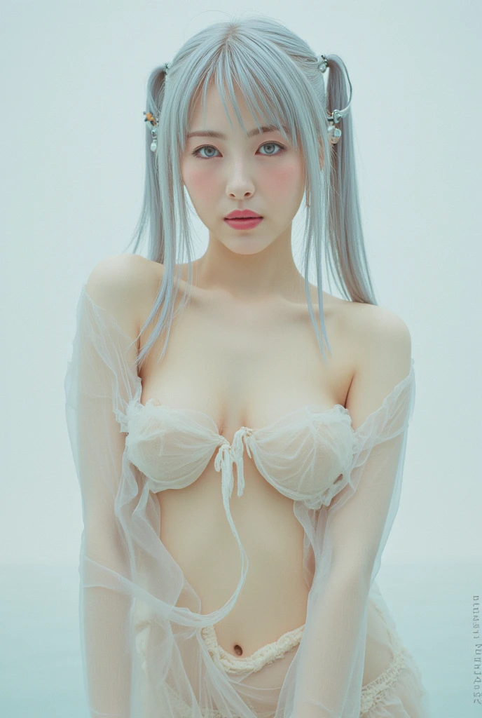 (Photogenic, Masterpiece: 1.5), school Pool, hip, voluptuous body, frill pink swimwear, short white hair, beautiful face, shining thighs, pure white skin, hips facing me, wet, Japanese, high school girl, real