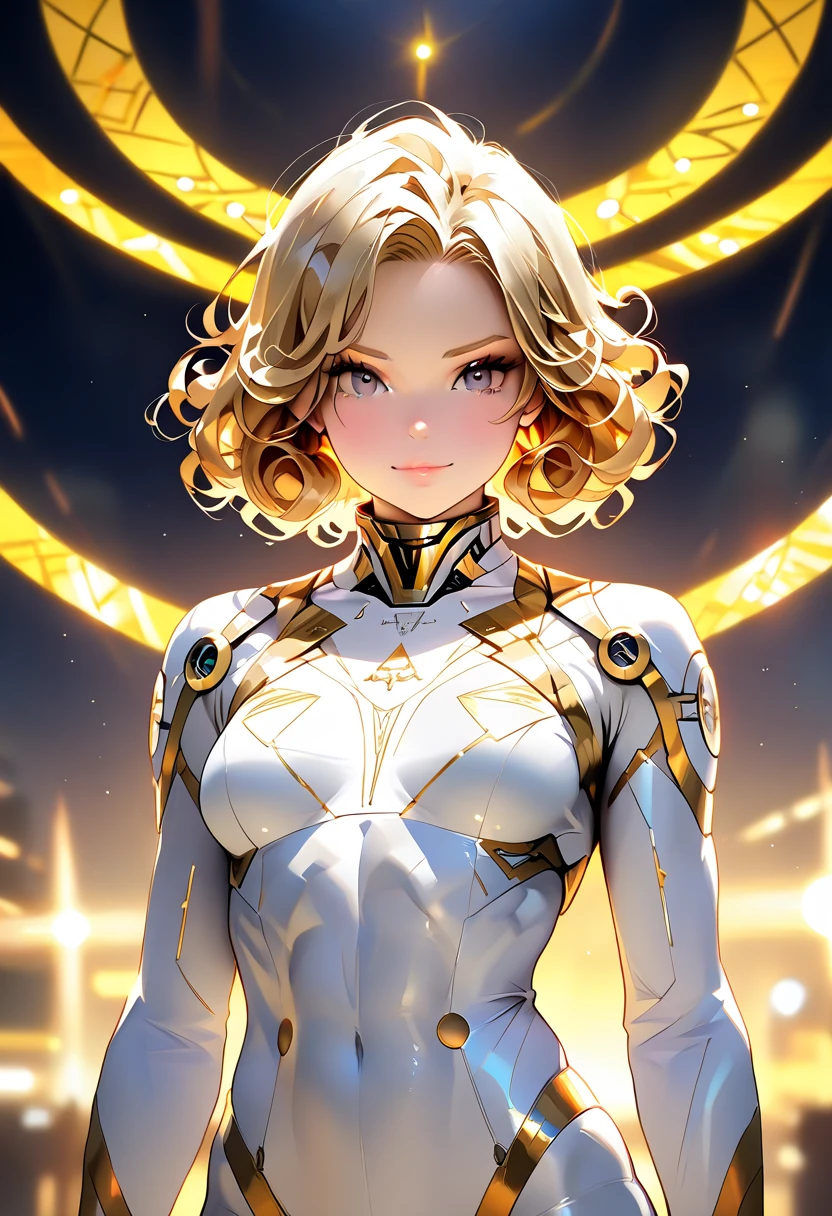 and 8K、shiny latex suit、(((Transparent latex suit.)))、(((Transparent latex suit.)))、Short golden hair with arms behind head.、Beautiful woman with blue eyes、Latex suit that beautifully shows your body line.、only upper body