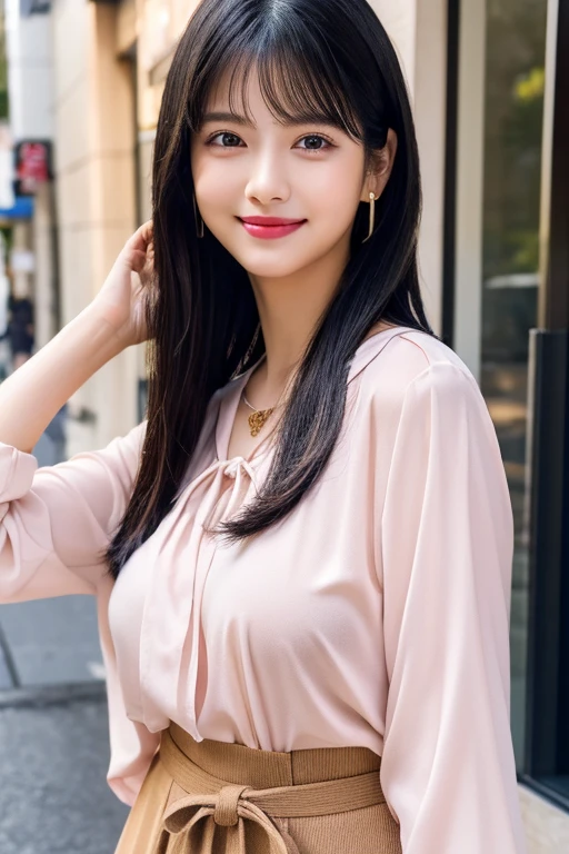highest quality, masterpiece, 8K, ultra high resolution, (realistic: 1.4), 1 girl, beautiful face, symmetrical eyes, big, perfect body proportions, ((long hair))、((brown hair)), secretary、(luxury business suits)、The viewer&#39;s gaze, (president&#39;office、blurred background), Front view, Absolute area (1.3),friendly smile、seems kind、cowboy shot,((shy smile:1.3)),((gold necklace＿Large earrings:1.2)),(((wearing a classy (white) Button shirt:1.2), ((Light pink) long irregular hem skirt:1.2), close the button:1.4),((Hair with loose waves inside:1.2)),((Super long brown hair:1.2))((sitting on a chair, night view terrace background:1.3)),((From an oblique angle above:1.5)),