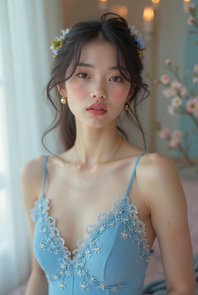 Portrait MagMix Girl looking at the camera,Drinking beer、BEER、 Long Hair, camisole, A retro izakaya with pastel-colored walls, Classic Soda Fountain Counter, Vintage Posters, bathed in warm sunlight, Analog Film Photography, Kodachrome.