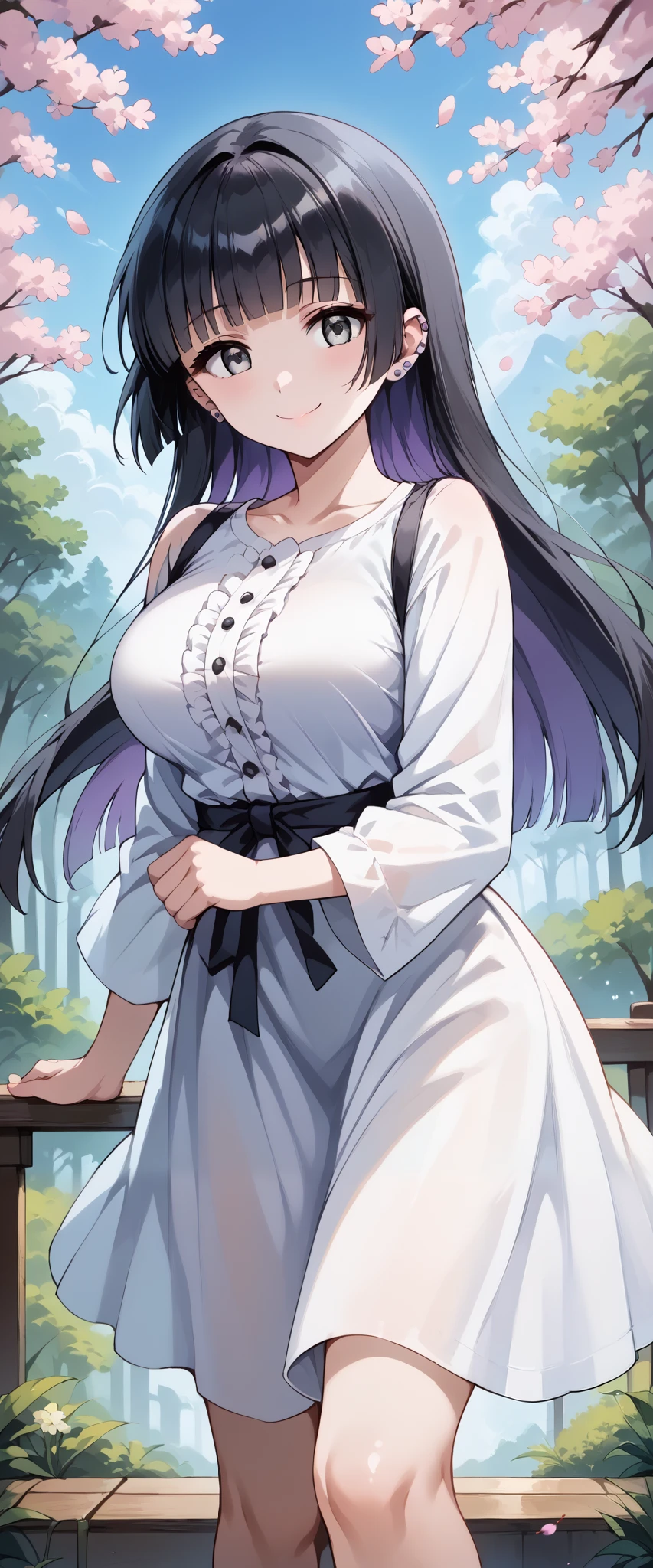 score_9, score_8_up, score_7_up, source_anime, 4K,perfect fingers,(perfect hands, perfect anatomy),prefect lighting, very aesthetic, intricate details,highly detailed background, masterpiece, high quality, best quality,
1girl,solo,pasan, pasan, ((black hair:1.5)), blunt bangs, blunt ends, chin piercing, colored inner hair, ear piercing, grey eyes, hime cut, long hair, medium bangs, multicolored hair, piercing, purple hair, ((large breast:1.5)),
wearing ((casual dress,frills,ornate clothing, )),,
forest, sakura, cherry blossoms,action pose, looking at viewer, head tilt, playful smile,from behind, leaning forward, looking at viewer, smile, outdoors, sky, solo focus, day, cloud,