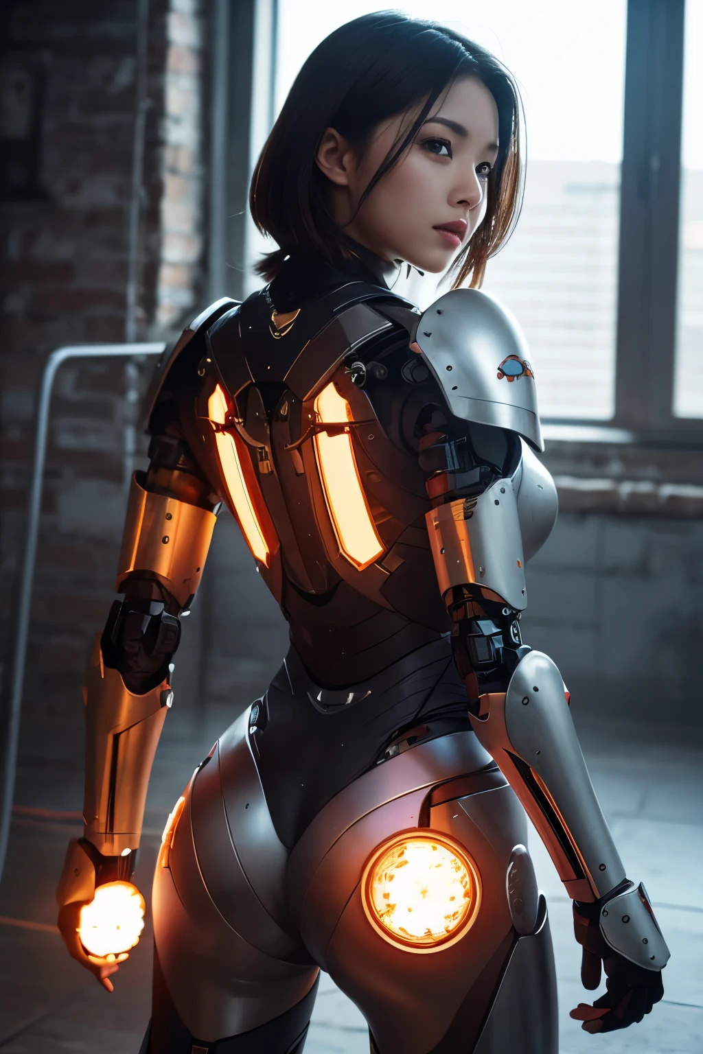 (Masterpiece), (Best quality), Photorealism, Realistic, Ultra detailed, Perfect face, Perfect body, 1girll, Beautiful girl, Girl in red armor, Mechanical armor, exoskeleton, Stand, Cool pose, Sexy, Watching from behind