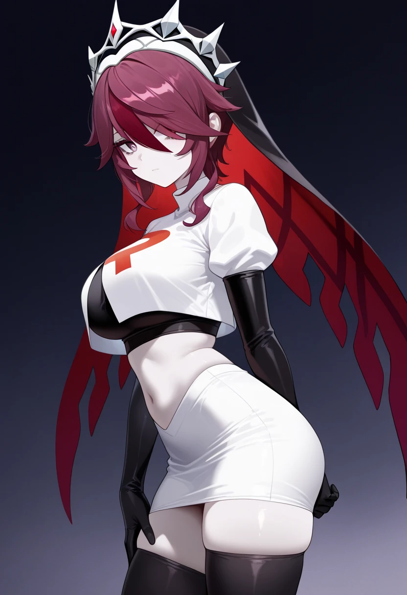 Zombie Poker card girl, Full white skin, White bodysuit, red heart on her breast, long red gloves, long red boots, Long red hair, Black hollow eyes, Red hood over head, Skull mask over face.