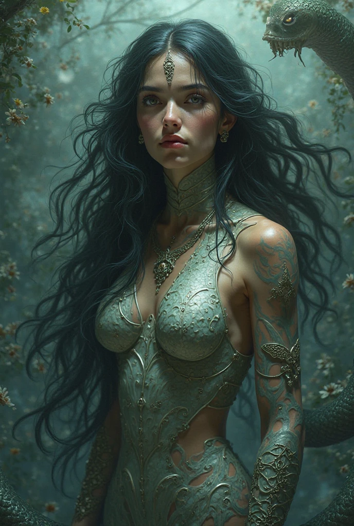 Backview Full body naked goddess Hekate with black hair in the underworld
