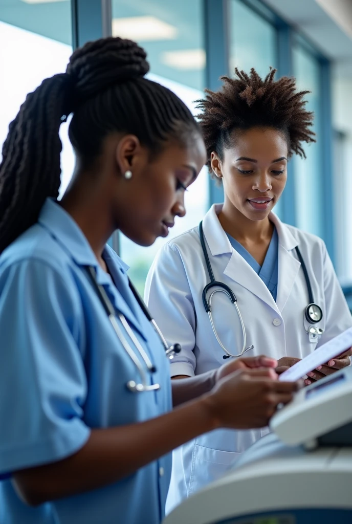 Black Physiotherapist, with straight hair, in drawing, in a clinic doing exercises