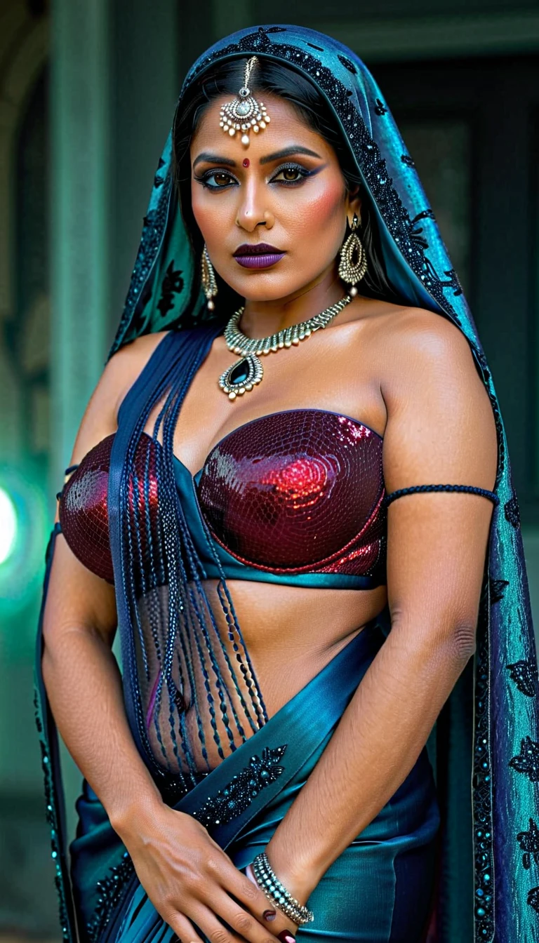 Looks like Nayanthara, milf , 50 years old gorgeous mature lady, pervert demoness, demoness of lust, curvy, black lips, horny face, extremely gorgeous, thick figure, heavy physique, voluptuous, curvy, sexy figure, Fashionable portrait of androgynous alien looking witch wearing veil, glowing eyes, futuristic design, minimal details, givenchy, photoreal, 200mm, hd, f/ 2.0, highly detailed, surreal , drop dead, in the style of red and blue, (intricate details, hyperdetailed:1.15) (skin texture:1.2)