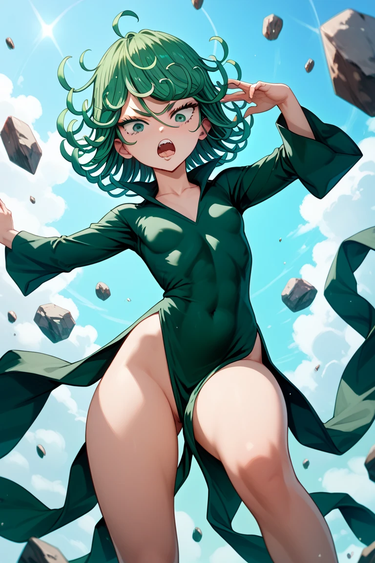 (Mad Magazine cover) Alfred E Neuman as One Punch man Saitama in a heroic pose with classic Newman smile, Tatsumaki (extremely sexualized, big butt, big boobs, classic dress) very mad jumping up and down yelling at Saitama, bloody remains of a beast all over the crowd and downtown Tokyo
