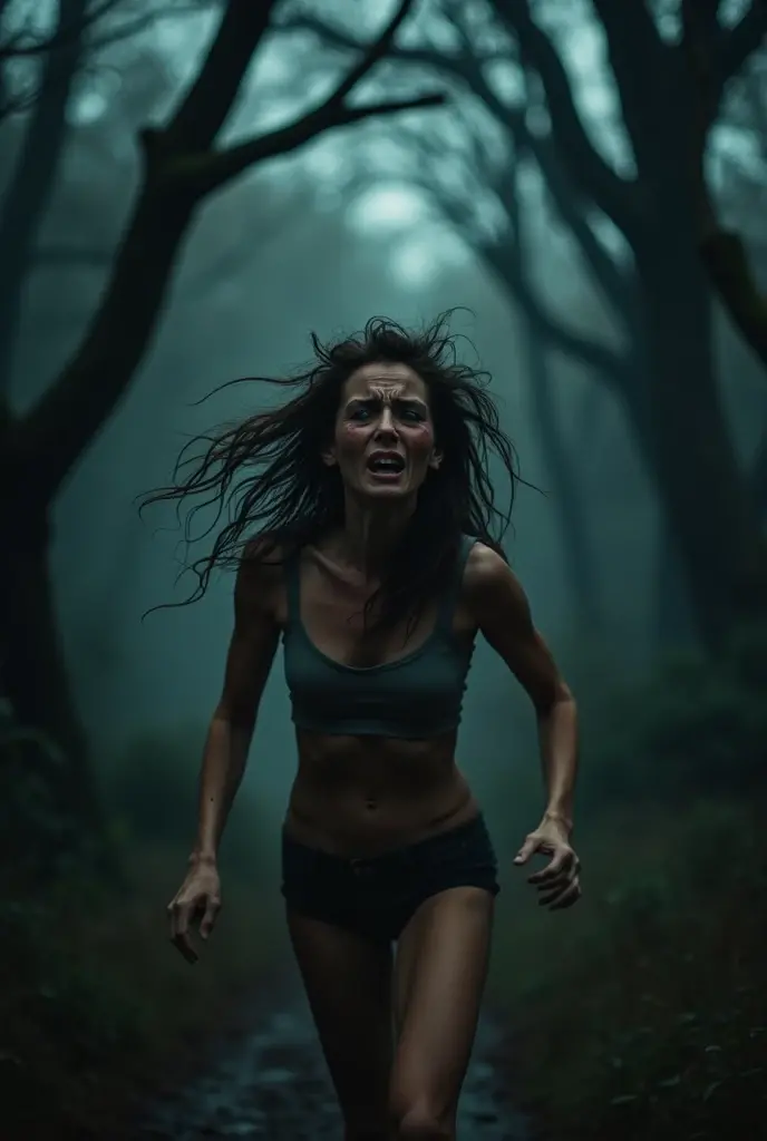 A half-naked woman is crying and trying to run away.