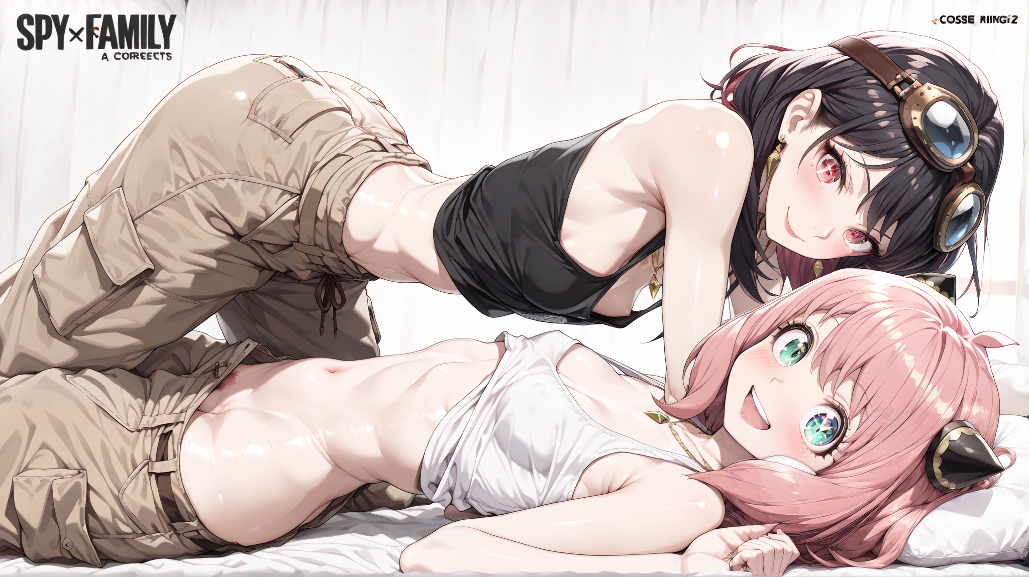 (small breasts:1.3), (perky chest:1.3), (pointed chest:1.2), (cosme magazine cover:1.1),masterpiece, 1beautiful girl, Amazing Cleavage:1.2, thin waist, big ass, Raised sexy, small breast: 1.3, posed cleavage:1.2、(from below:1.2, best quality ),2 girls, perfect, best quality, masterpiece, beautiful, pretty, (((masterpiece, HD, best quality, extremely detailed, high resolution, highres, Ultra-detailed, ultra-high quality, superb masterpiece, 8K image quality, correct anatomy))),yor forger, anya forger,spy x family, 2girls ,(shiny skin:1.4)pink eyes,bed,(lying down,cargo pants:1.2)smile,open mouth,date with viewer,blush,hatsume mei(mha), pink hair, short hair, goggles on head, bangs, symbol-shaped pupils, Tank Top, long black hair, hair ornament of flower type, black eyebrows, red eyes, perfect makeup, beautiful nose, red lips, beautiful ears, gold diamond earrings, gold necklaces, gold rings, white skin, brush, perfect lighting, perfect details, perfect shadows, white background, 8k, unreal engine 5,(with sparkling eyes and a contagious smile), her thin pubic hair:1.2, looking at viewer