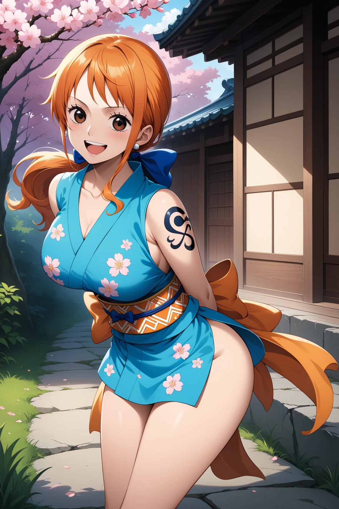 masterpiece, Highest quality, High resolution, we (one piece), Long Hair, Orange Hair, Low Ponytail, Hair Ribbon, Blue Ribbon, Brown eyes, clavicle, Cleavage, Short kimono, Blue kimono, No sleeve, bare hands, bracelet, sash, heart, Are standing, Cowboy Shot, Defiant pose, Beach mood, Beautiful beaches, smile,nsfw,Half naked,Nipples,Bukkake,Love juice,Spread your legs,Ahegao