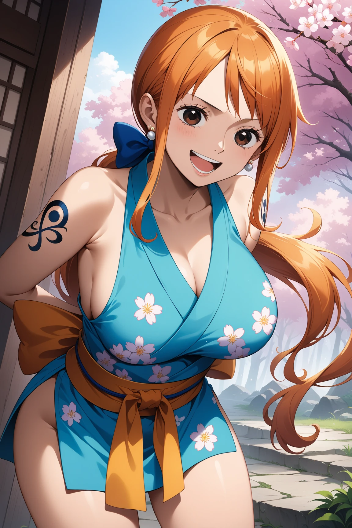 2d, masterpiece, best quality, anime, highly detailed face, highly detailed background, perfect lighting, beach, nami, one piece , 1girl, solo, one eye closed, long hair, smile, jewelry, sash, white bikini, orange hair, bow, flower, flower print, earrings, looking at viewer, ahoge, ribbon, hair bow, sky, day, bracelet, sleeveless, ;\), blue bow, outdoors, big breasts, cloud, closed mouth, ponytail, blue sky, brown eyes, orange eyes, left shoulder tattoo, bare shoulders, very long hair, sidelocks, bangs, collarbone, upper body, left arm tattoo, bare arms, blurry, hand gesture, blurry background, large breasts, eyelashes, mountain, parody, cloudy sky, sitting, shiny hair, bangle, wavy hair, open legs , thong, full body