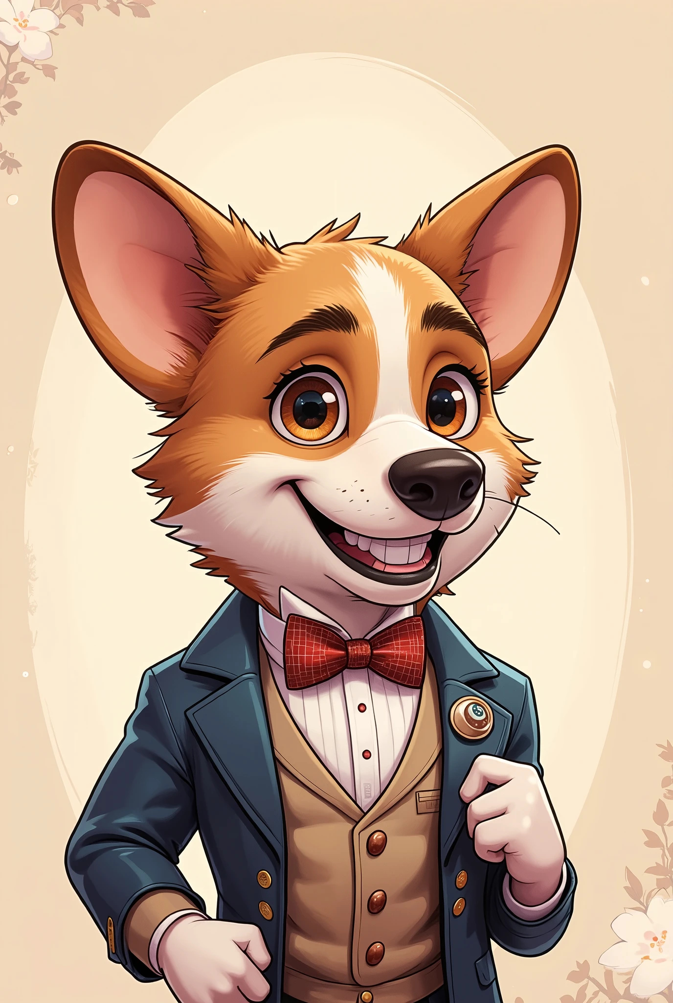 2-D art, cartoon style, old-school Disney, hand drawing, (best quality, masterpiece:1.2), side view, anthropomorphic, a Corgi dog with light hair wearing classic english costume & rubber medical gloves, doctor, like a 1890s style, noire, simple lines, looking to camera, serteuse look, big expressive eyes, (natural textile texture, soft light, sharp:1.2), (intricate details:1.1), bokeh