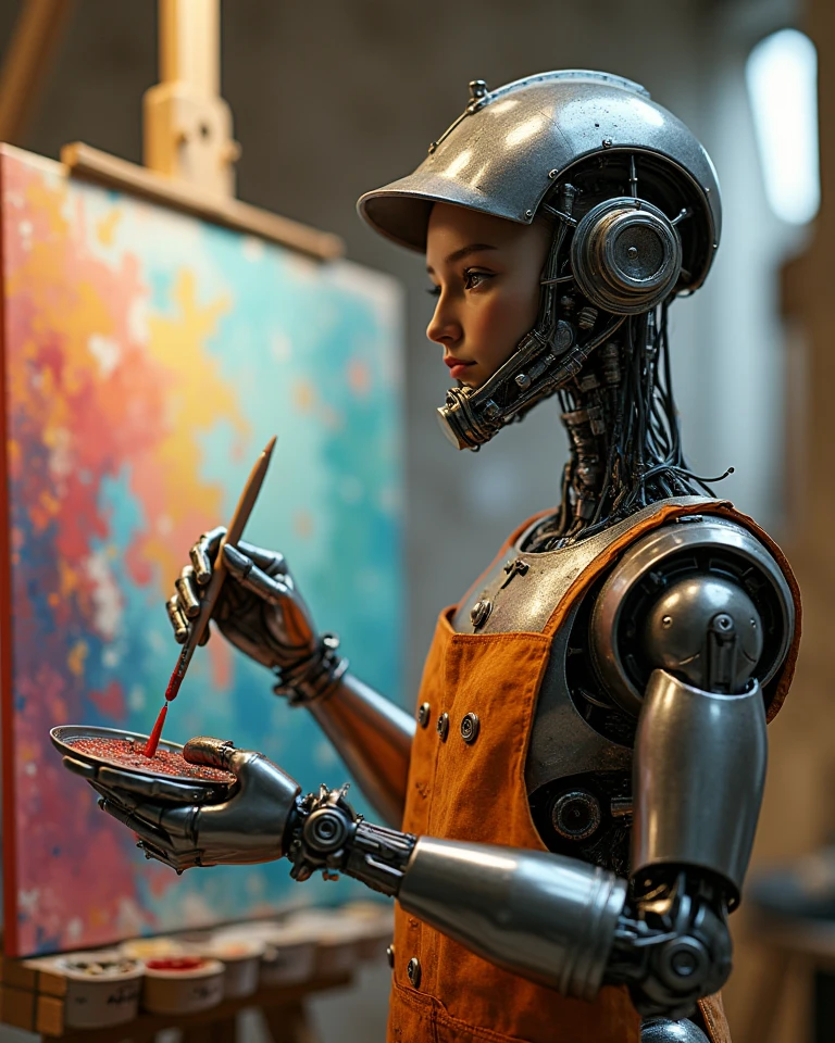 there is a woman sitting on a chair next to a robot, portrait of a starving ai artist, robot painting a robot on canvas, woman and robot, hajime sorayama style, digital art masterpiece, ai assisted digital painting, art with ai, hajime sorayama designed girl, karol bak uhd, ai art is souless, model painting