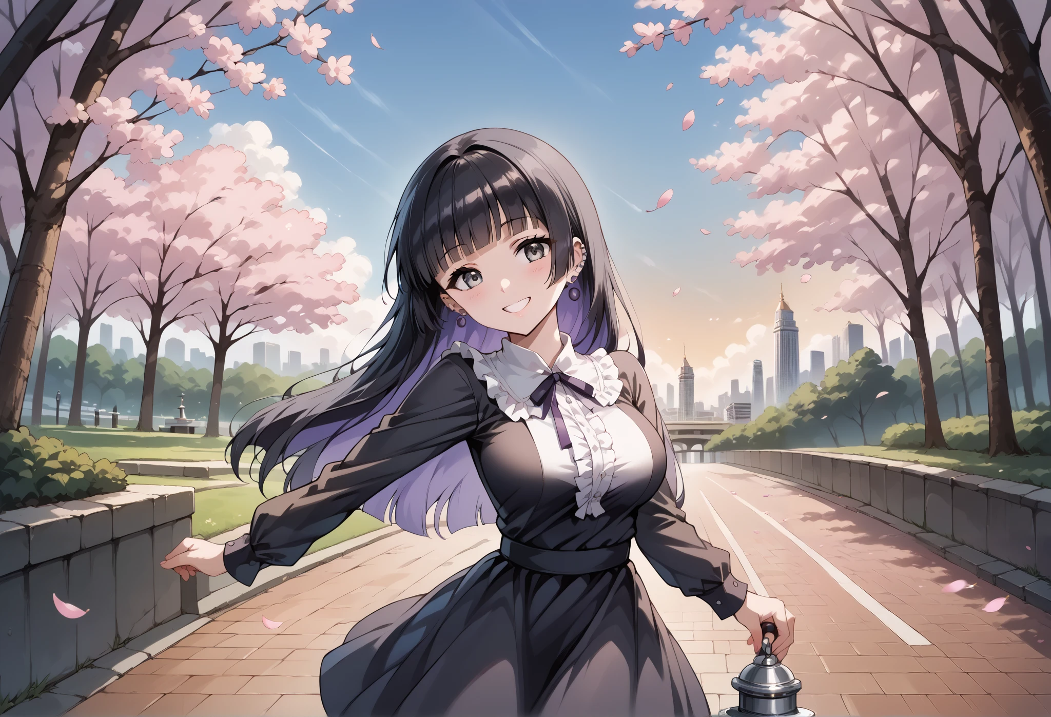 score_9, score_8_up, score_7_up, source_anime, 4K,perfect fingers,(perfect hands, perfect anatomy),prefect lighting, very aesthetic, intricate details,highly detailed background, masterpiece, high quality, best quality,
1girl,solo,pasan, pasan, ((black hair:1.5)), blunt bangs, blunt ends, chin piercing, colored inner hair, ear piercing, grey eyes, hime cut, long hair, medium bangs, multicolored hair, piercing, purple hair, ((large breast:1.5)),
wearing ((casual dress,frills,ornate clothing, )),,
forest, sakura, cherry blossoms,action pose, looking at viewer, head tilt, playful smile,from behind, leaning forward, looking at viewer, smile, outdoors, sky, solo focus, day, cloud, city plaza, water fountain,pov, noon,