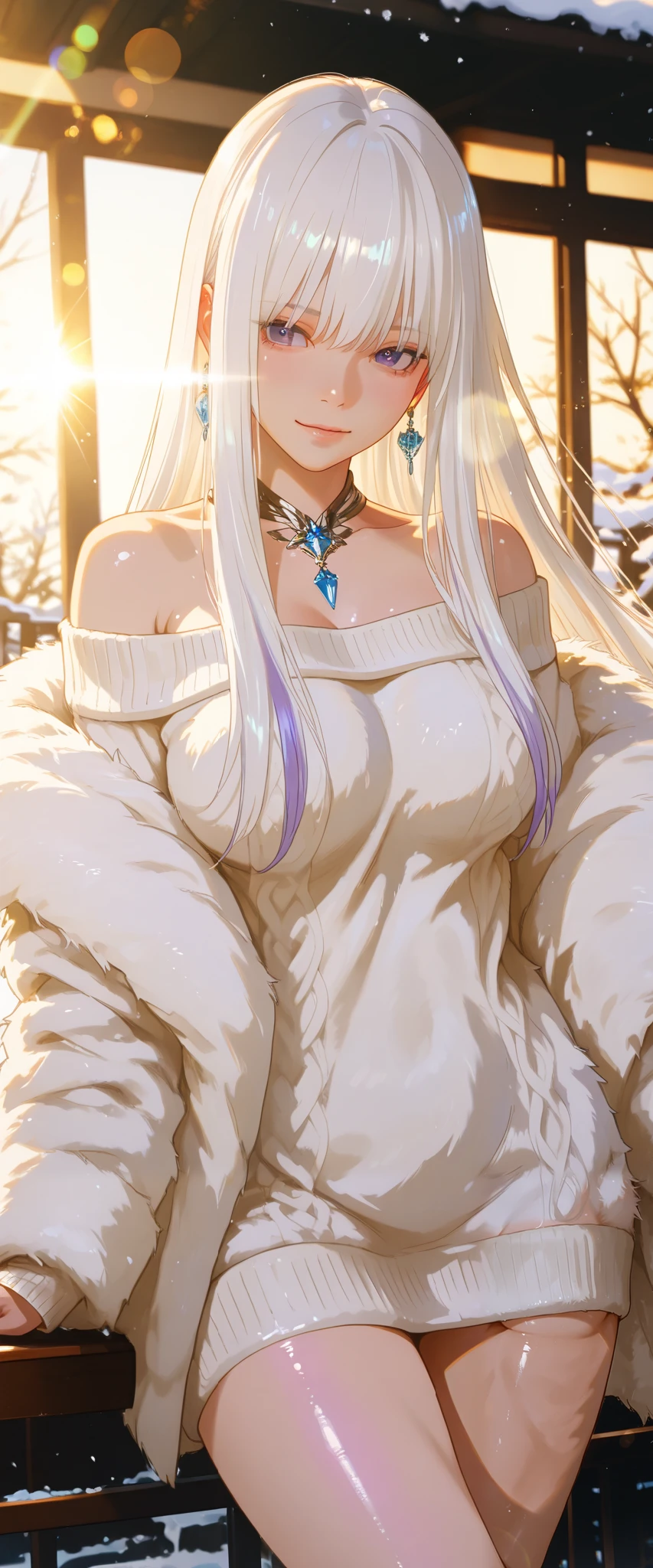 ((masterpiece:1.5、8k、Tabletop、 Photoreal and VERY DETAILED CG 、Very detailed、Particle Effects、Dynamic Effects、Written boundary depth、Cinematic Light、Lens flare、Ray Tracing、Tabletop、realistic:1.4、Ultra-high resolution:1.2、realistic、realistic))((alone、,A woman wearing a white fur coat over an off-the-shoulder sweater.:1.4、Elegant woman posing:、Detailed face、brightexpression、young, bright, Whiter skin、Ample breasts、Best Looks、Ultimate beauty、White hair with glossy highlights、bright and shiny hair,、Super long, Silky straight hair、Hair dancing in the wind))(morning、The setting is outdoors in the snow、Crystal of snow)