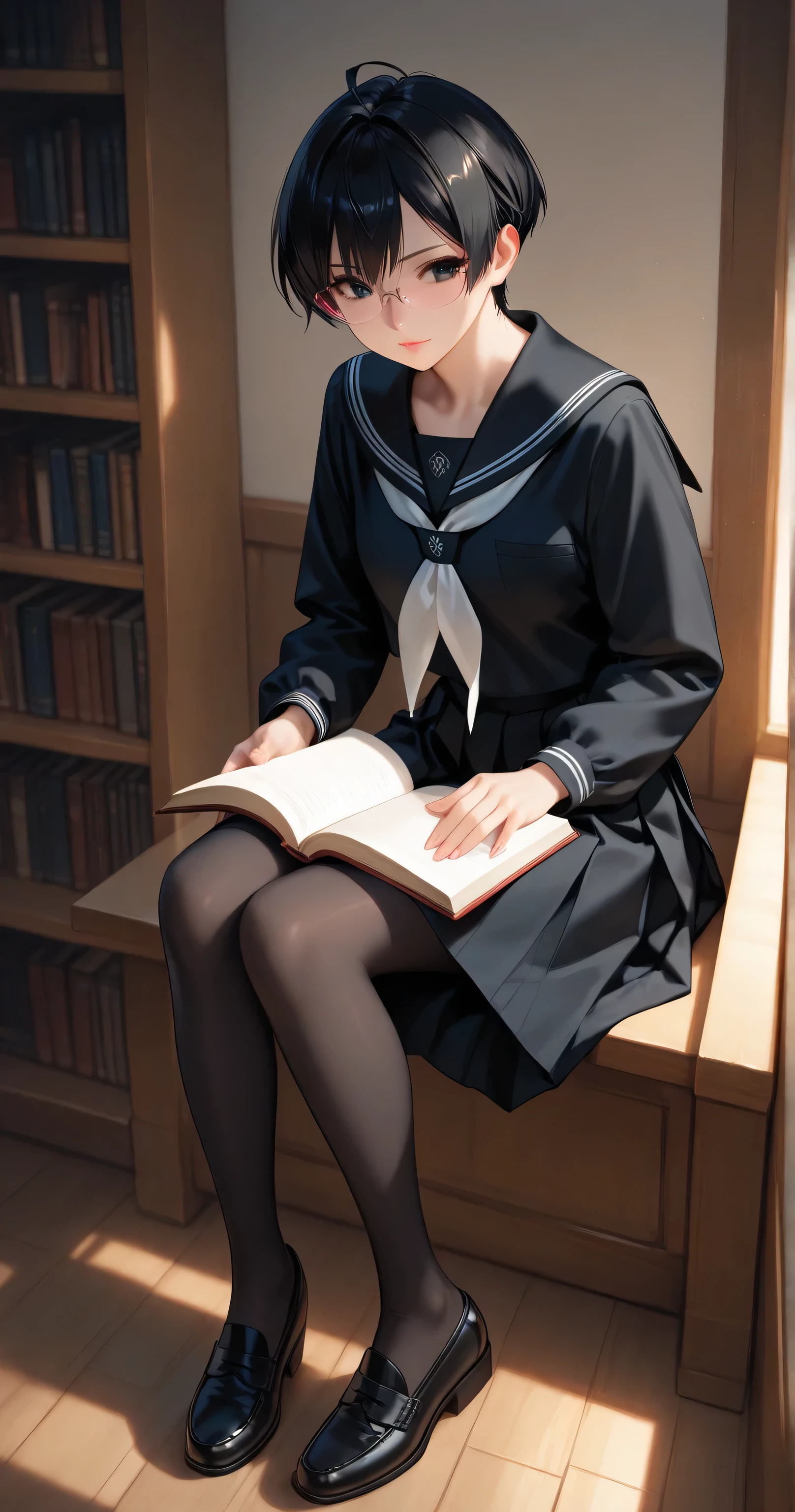 (full body:1.5),(((1girl)):1.3),(view the viewer:1.4),((anatomy correct):1.45),(Sitting on a turtle:1.2),(He wears large glasses and holds a book in his hand:1.15),(shy:1.15),(Playful Sailor dress with ribbons:1.2),(Tan Pantyhose:1.3),( Uniform high heels leather shoes with bows for female students:1.1),(Accurate and perfect face:1.3),(Blue-eyed blonde:1.2),hyper HD, Ray traching, reflective light, structurally correct, Award-Awarded, high detail, lighten shade contrast, Face lighting ,cinematic lighting, masterpiece, super detailing, high quality, high detail, best quality, 16k,High contrast,
