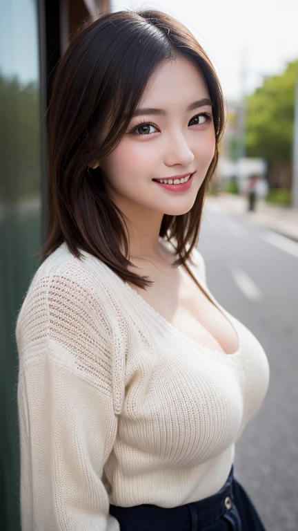 (Highly realistic photo, high resolution, detailed face, fine eyes), shot in front of a white wall, Japanese woman, 40 years old, various expressions, one person: 1, slim figure, various hairstyles, casual clothes, alone in the photo, long sleeve dress, shot in natural light, simple necklace, summer clothes, not looking at the camera, profile, dark brown hair color, refreshing smile