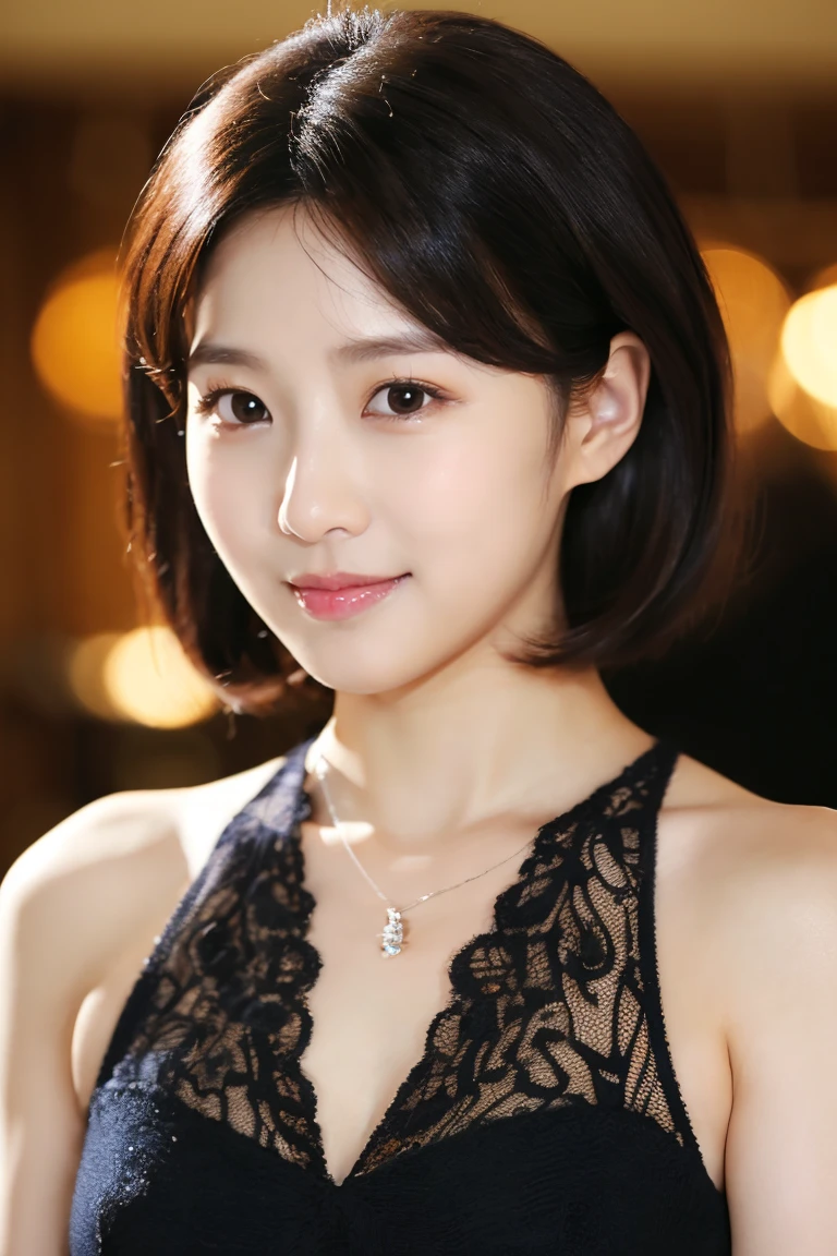 (Raw photography), (Photorealsitic), (​masterpiece), (top-quality), hight resolution, 8K分辨率, (intricate detailes), (volumatic light), portlate, femele, 40 years, short-hair, straight haired, Layered hair, brown haired, extremely detailed eye, Sauce order, Highly detailed eyebrows, highlydetailed skin, highly detail mouth, highly detailed nose, cute like an idol, Happy smile, ((thick lips)), ((Look at viewers)), (purple sexy and naughty panties、purple sexy and naughty bra)