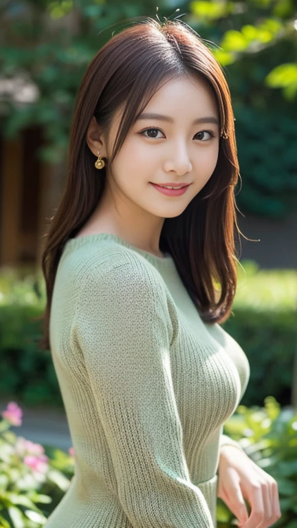 masutepiece, Best Quality, Photorealsitic, finely detail, hight resolution, 8K Wallpapers, Perfect dynamic composition, Beautiful detailed eyes, Medium Hair, Random and sexy poses,Bring your chest together、(Tight Green Knitwear)、(Breast bulge 1.0)、A smile、open open mouth、Resort scenery、22year old、(Drooping eyes 1.4)、 Beauty、japanes、Tehepero