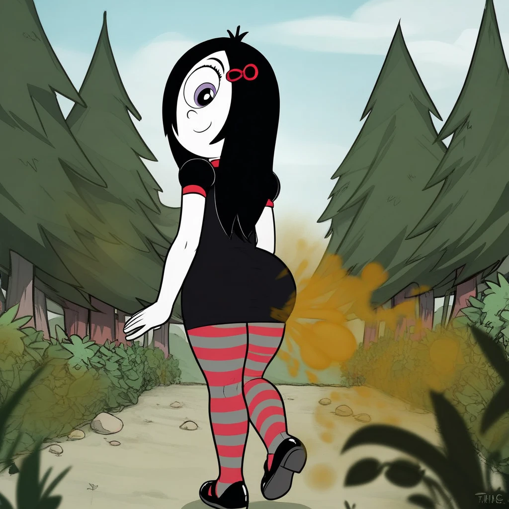 score_9, iris, one-eyed black hair, dress. striped pantyhose, smile, outdoors, Back view, butt twerk, fart,