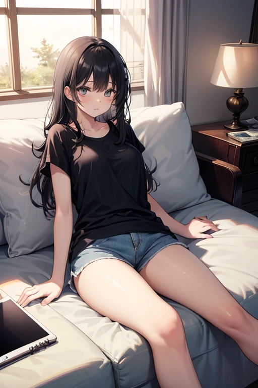 （Pretty sister:1.3）、((Super detailed))、night、Scratching your stomach、Shorts on a shirt、empty can、Going to bed、Sleeping comfortably、輝くnight空、((1 person))