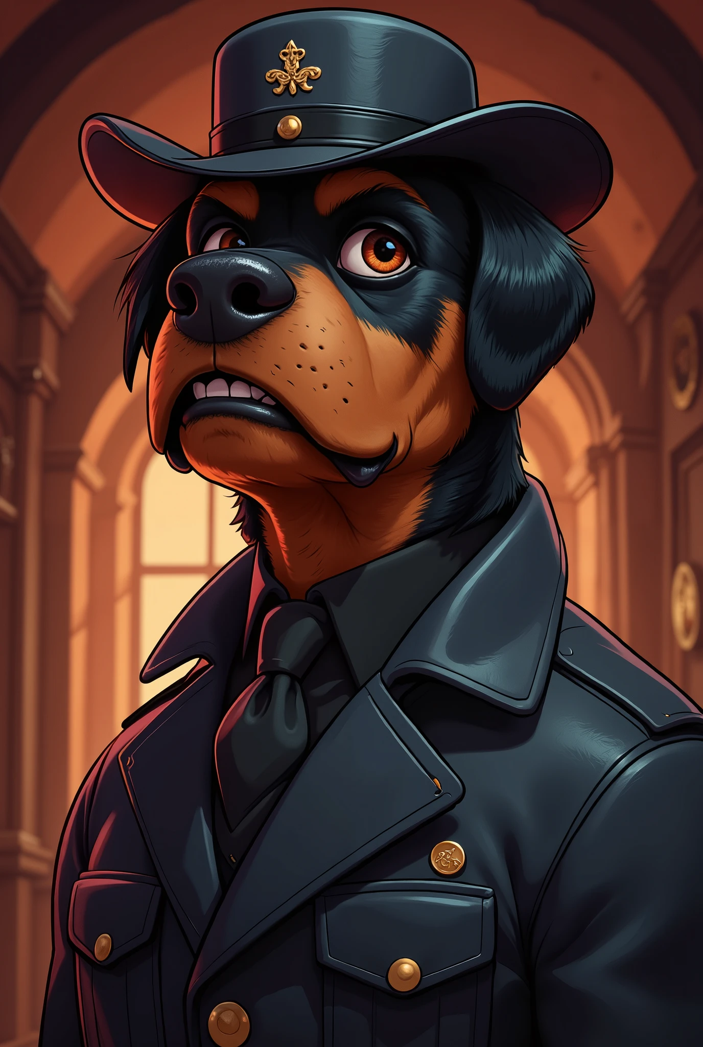 2-D art, cartoon style, old-school Disney, hand drawing, (best quality, masterpiece:1.2), side view, anthropomorphic, a Rottweiler dog with short hair, wearing army officer uniform and black hat, gangster, like a 1890s style, noire, simple lines, looking to camera, serteuse look, big expressive eyes, (natural textile texture, soft light, sharp:1.2), (intricate details:1.1), bokeh