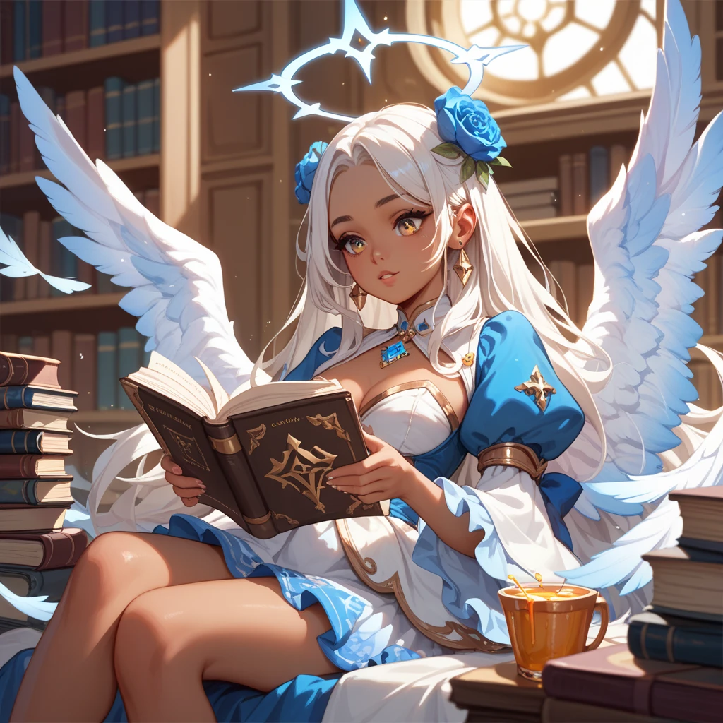 "Realistic young female angel, around 20 years old, with a large, detailed face, wearing cute clothing, with silver hair and colorful highlights, holding a magic book, with a flower crown on her head, in a fantasy background. Focus on the face with expressive eyes and a friendly smile."
