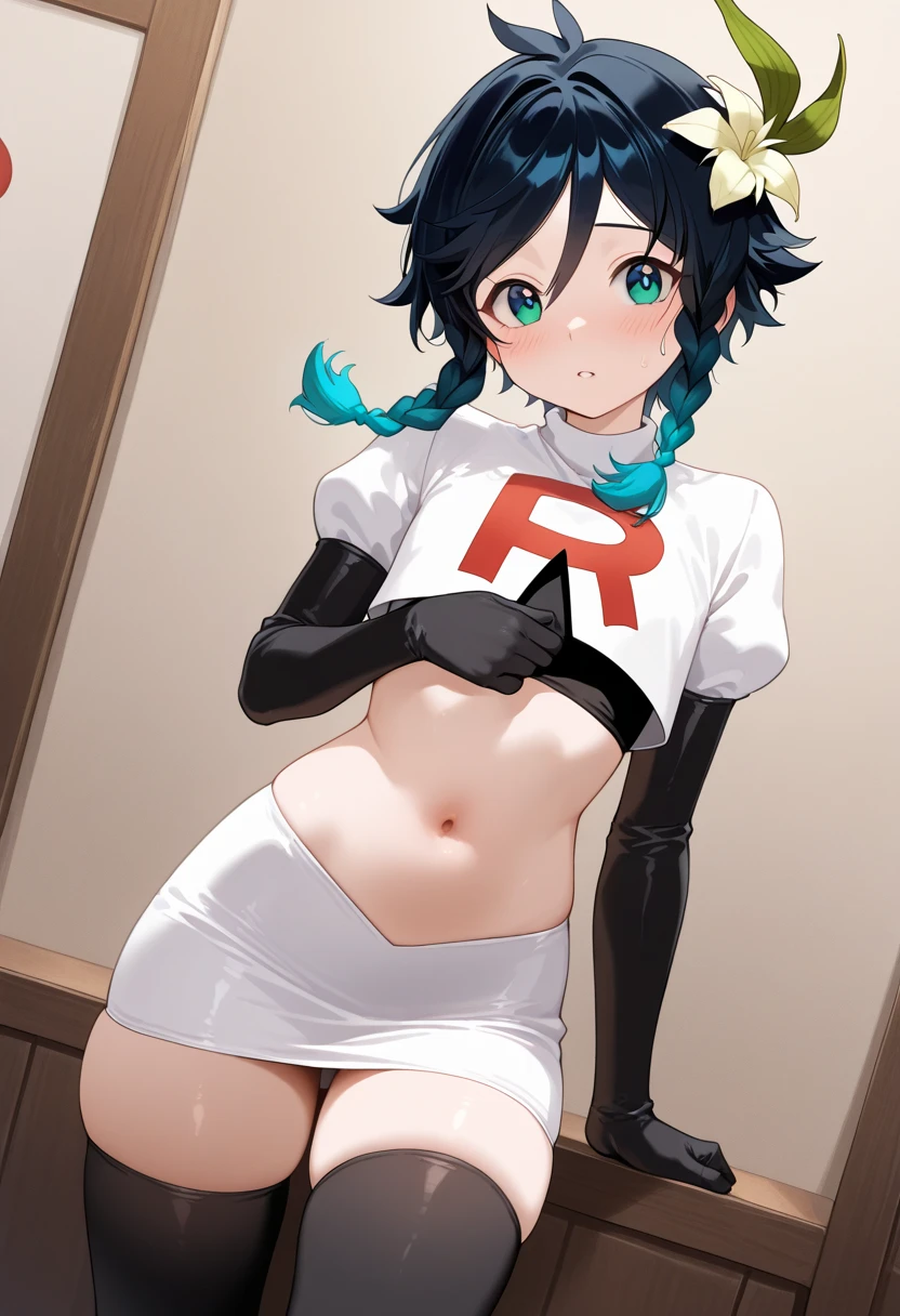 hoshimachisuisei, suisei hoshimachi, blue eyes, blue hair, hair between eyes, medium hair, side ponytail,
BREAK  beret, crown, gloves, grey headwear, hat, jacket, jewelry, team rocket,team rocket uniform, red letter R, white skirt,white crop top,black thigh-highs ,black elbow gloves
BREAK looking at viewer,
BREAK (masterpiece:1.2), best quality, high resolution, unity 8k wallpaper, (illustration:0.8), (beautiful detailed eyes:1.6), extremely detailed face, perfect lighting, extremely detailed CG, (perfect hands, perfect ???????),