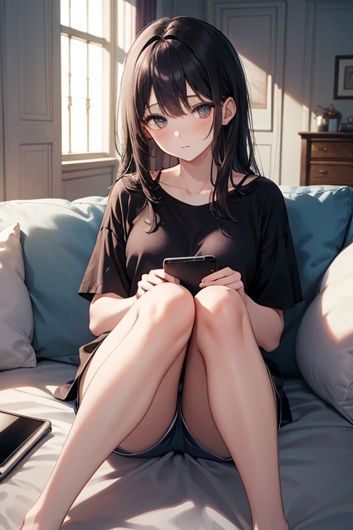 Cute girl sitting on sofa touching mobile phone Ghibli style image