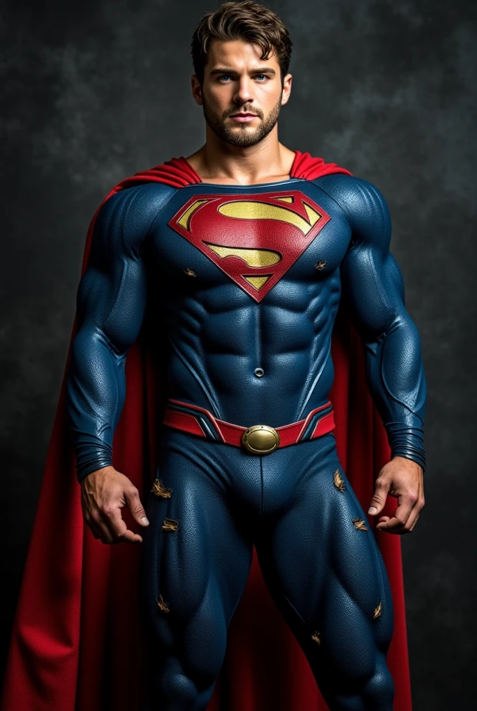 (Muscular young boy), huge strong biceps volume, flat chest small breasts, strong tonned exposed abs, muscular strong legs, bodybuilder muscles bursting in strength, exposed abs skin, blue eyes, wavy brown hair, tight leather red underwear and blue cape, huge cock bulge