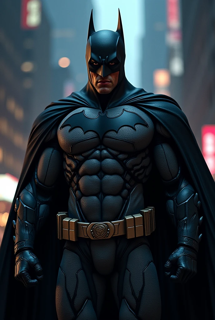 Obra prima melhor qualidade, batman de armadura cibernetica futurista preta capa,imposing on top of a building, a noite, extremamente 8k, ultra realista