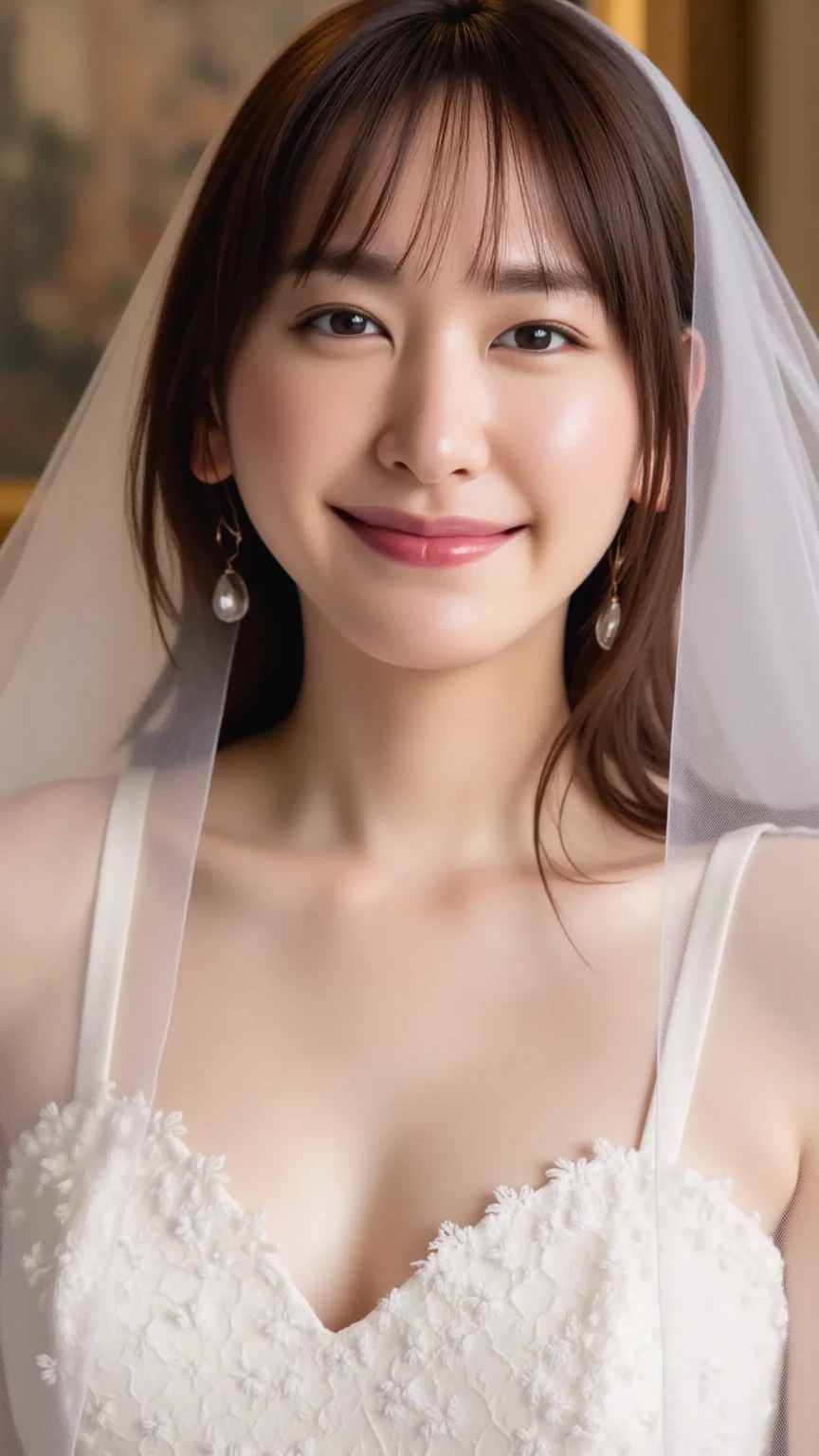 Medium Hair, Large Breasts, smile, happiness/joy, Aperture value F1.2, Lens flare, reflected light, Wedding dress,Starry Sky,Earrings, Hair Flower, Soft Light, realism, Textured skin, Portrait Photography, 