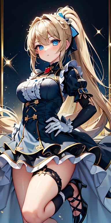 (Ultra extreme detailed),(Masterpiece),(Ultra extreme),(Realistic),CG,(color:1.2), Strong lighting,Light from behind,evaluation:Safety,alone, black,Blonde twin tails,length hair,blue eyes,white_gloves,garter_strap,absolute_ryouiki,Pleats_skirt,white_skirt,blackcolorストーキング,expensive_Heel,white shrite,length_sleeve,black_Cape,short_whiteいショートドレス,Shoulder guard、Lace on chest、Eye mask、Holding a sword
