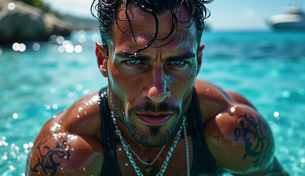 A Handsome Man. He have Broad-shouldered, athletic build. He have tousled jet black hair, lightly tanned skin tone, and Onyx black eyes, with reddish tint. He have tattoos all over his body, with well-groomed stubbles on his chin. He is shirtless, clad in black swim trunks. A silver chain necklace adorned his neck, currently standing by a lake with a calm face.