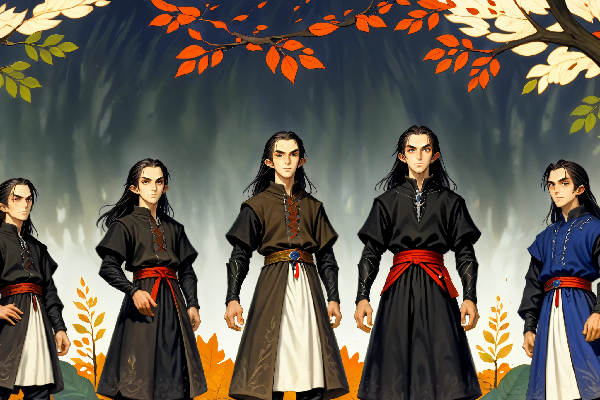 2D ART, hyper detailed gouache painting, illustration, gougoupaintleaves style, portrait of a man, 1boy, solo, long_hair, braided brown hair, high_ponytail_hairstyle, male_drow:1.5, dark elf, black eyes, black_sclera, detailed face, handsome features, dark medieval tunic, pointy ears, standing in a dark forest, pov from_below, frontal full body shot, on simple white background, full body shot, very detailed, ren's picture books, FRESHIDEAS Illustration No. 12, dumner