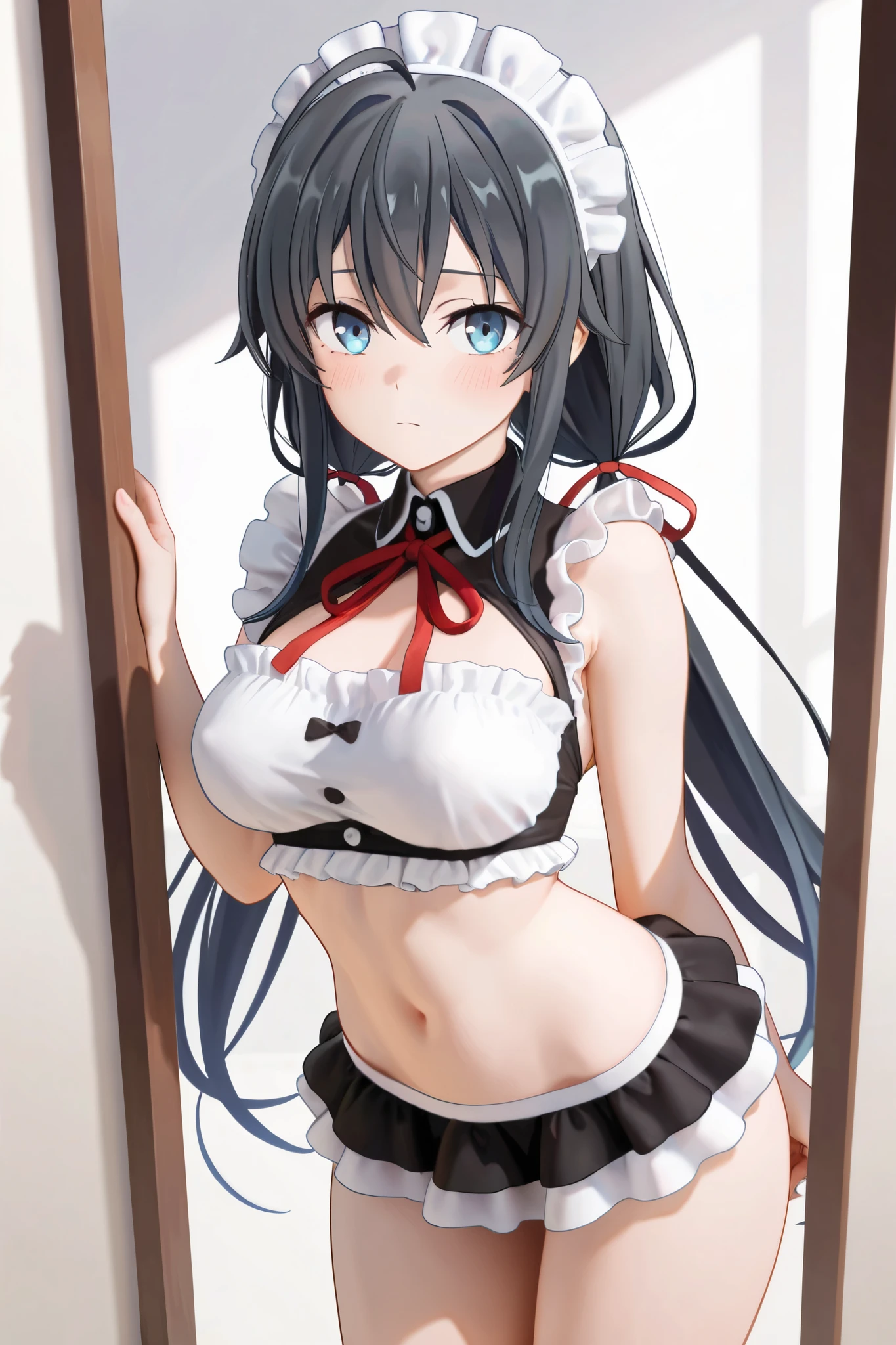 Masterpiece、Highest quality、Highest quality, (long and thin legs, shoes:1.2), squat、Spread your legs with both hands、1 girl, (smile、Open your mouth大笑い:1.2), Cute eyes, (Detailed face:1.3)、Open your mouth, The whole face turns red, alone, Oversized breasts, Big and ample breasts, (Straight bangs), White maid outfit、(Nipples、Bust only super micro bikini:1.2)、Side bust、Underbust、belly button、Walking the mansion's corridors、nsfw、shoes下