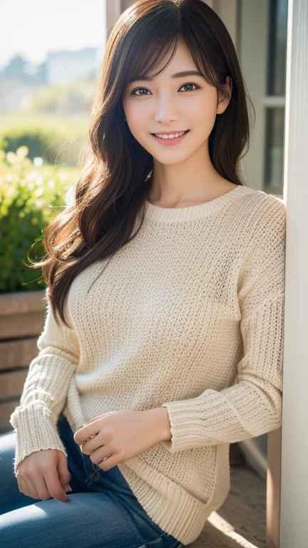 Professional Lighting,(Photorealistic:1.4), (Top image quality:1.0), (超Ahigh resolution:1.0), 8k, Raw photos by 1 velcroy, (masterpiece:0.2), (pureerosface_v1:0.5)、(最高quality Detail:1.2)、realistic、 8k uhd、high resolution、( 1 older sister:1.2)、超details、High quality textures、Intricate Details、 details、非常にdetailsなCG、High quality shadows、美しい繊細な顔のdetails、details 美しい繊細な目、( symmetrical eyes next to woman :1.2),depth of field、ray tracing, 1 older sister, Japanese girl, (natural smile:1.4),cute, slender,. hair decorated with elegant and delicate hairpin, a gentle expression.、The soft light of a spring afternoon、adds serenity to the scene. rendered in a realistic style with attention to detail, high resolutionの画像.Sky , Magic Hour, (realistic:1.3), 繊細なdetails, quality, (masterpiece:1.2), (Photographically:1.2), (最高quality), (Intricate Details), dramatic, ray tracing, photos by 1 velcro, + Laura ,(Shot above the thigh),(),wears a knitted sweater
