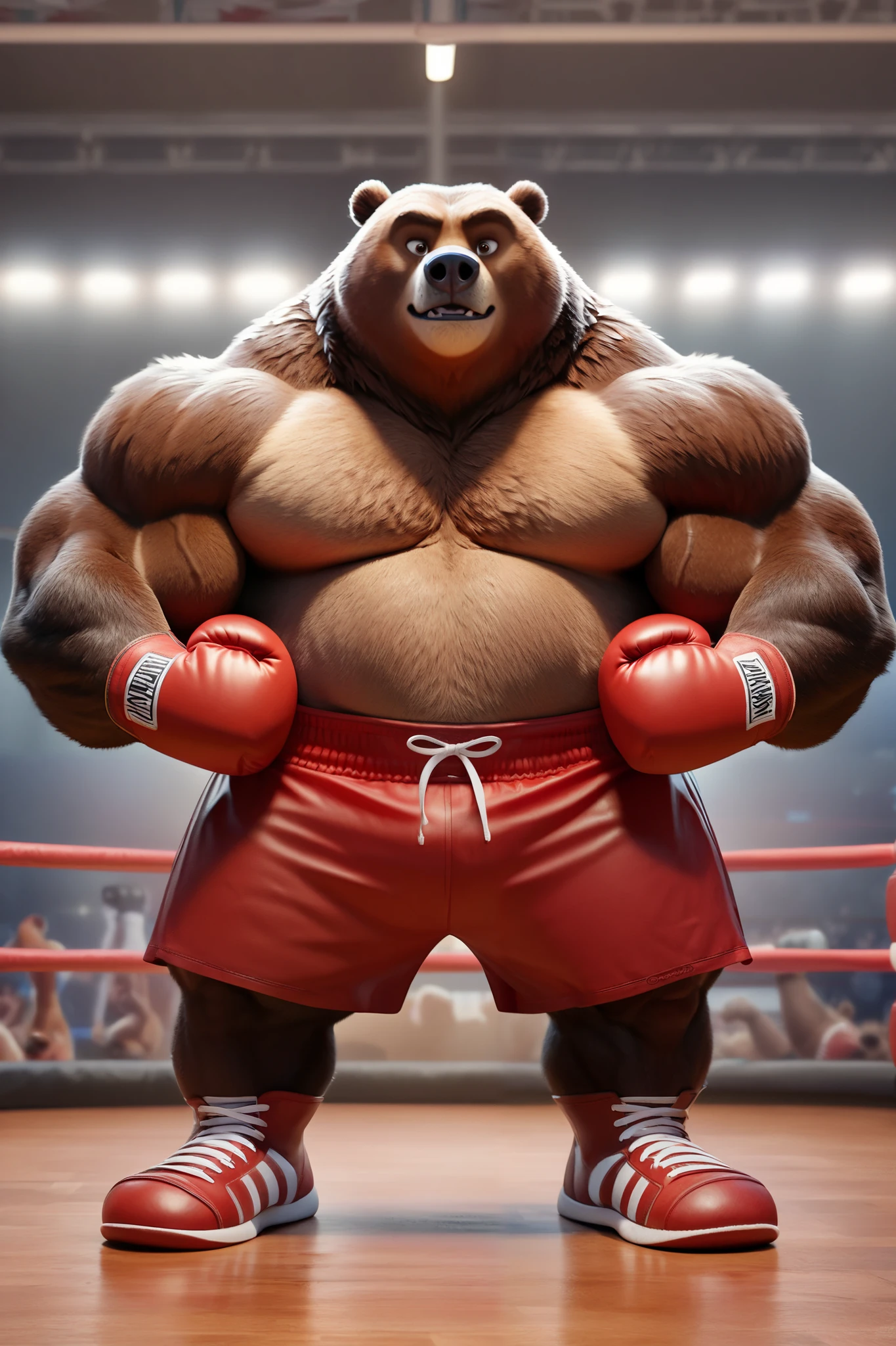 a huge muscular kodiak brown bear, extremely detailed brown fur, powerful pecs, veins popping, red boxing gloves, red boxing short trunks with white lines, boxing boots with white laces, flexing for boxing victory, height: 8ft, weight: 440lbs, masterpiece, 8k, ultra-detailed,realistic,photo-realistic,physically-based rendering,vivid colors, Walt Disney 2D Zootopia Animation Art Style,
