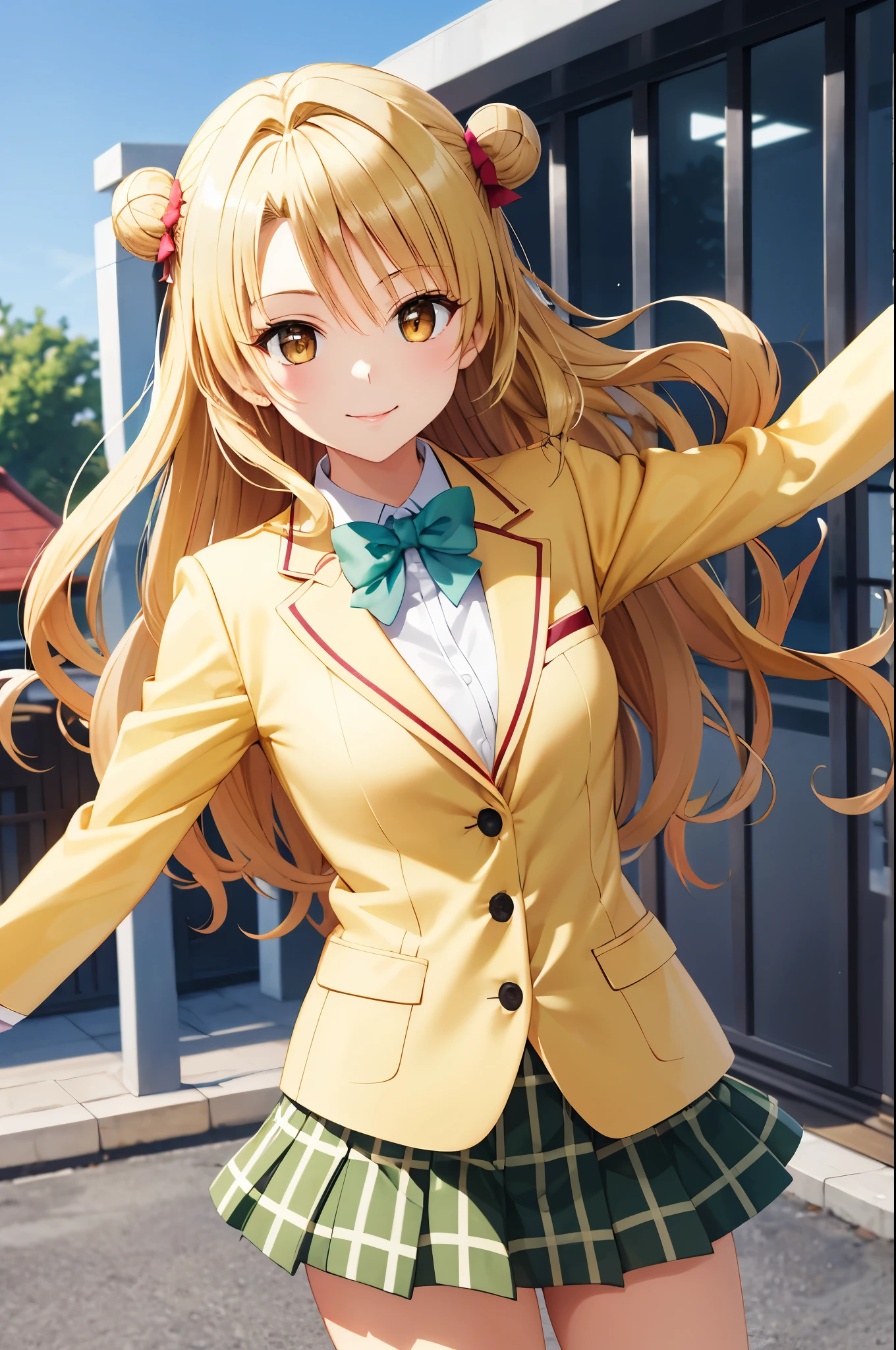 masterpiece, best quality, highres, 1girl, solo, long hair, blonde hair, double bun, brown eyes, school uniform, green bowtie, blazer, yellow jacket, long sleeves, plaid skirt, green skirt, standing ,spread arms, building, smile,closed mouth ,glossy lips,