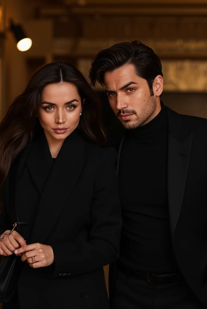   A beautiful woman with long dark hair,  delicate and innocent face,  dark clothes,  walking beside a handsome man , with dark hair and thin dark facial hair,  Penetrating look ,  dark clothes, a black and gold background  