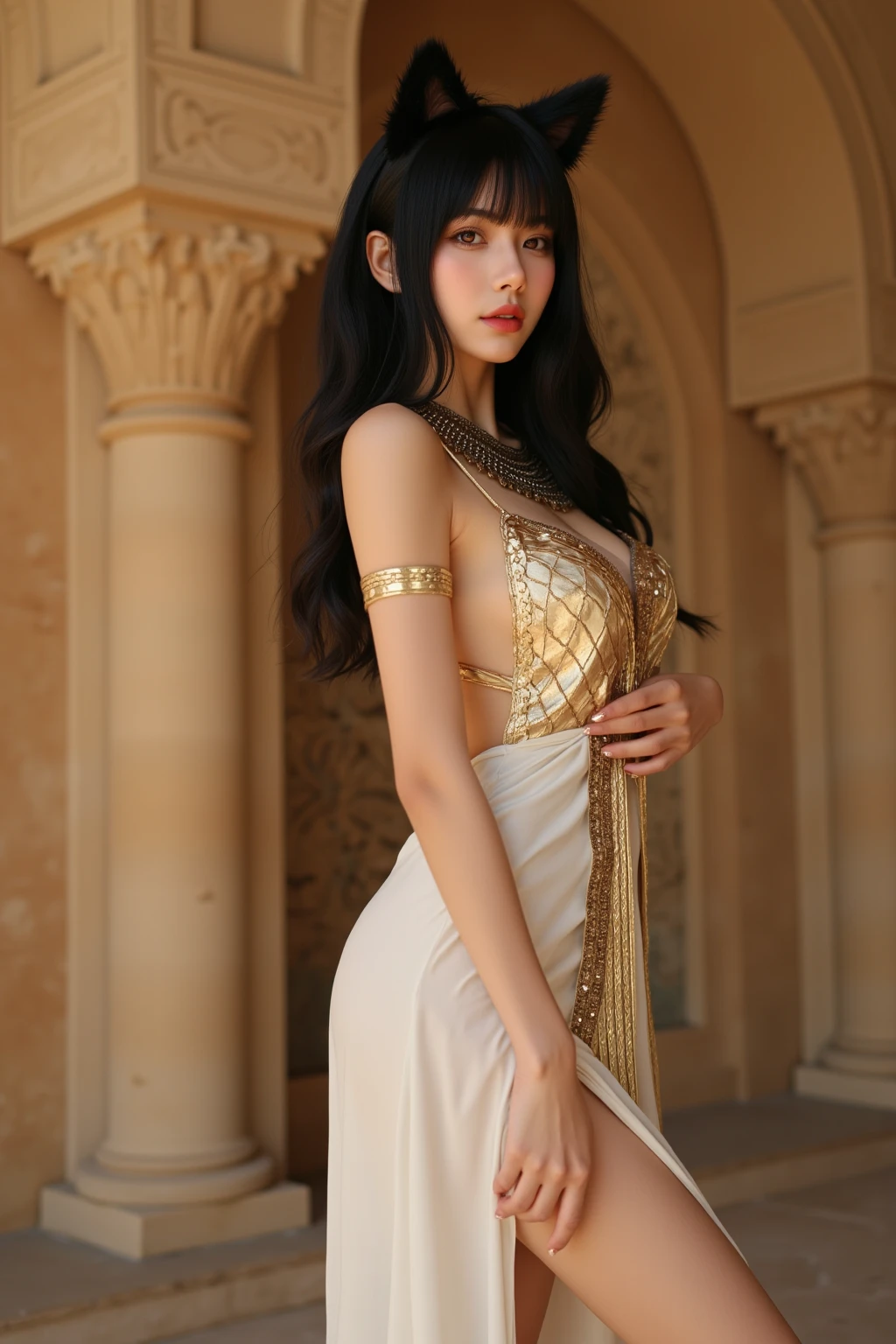ultra realistic, Egyptian pyramid and river background , cleopatra milf, 38 year old, ( long decorated (cleopatra dress)), (back view), touch herself sensually, long dark weavy hair, red lips, sensual smile, medium breast, cleopatra jewlery, look at viewer, red sun light, 8k