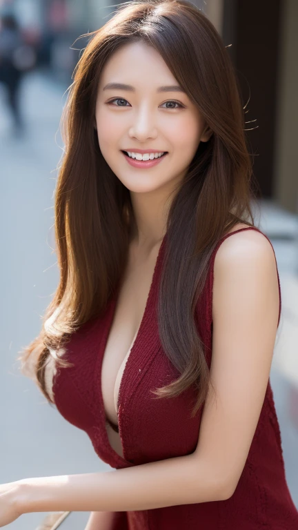 Image resolution 8K、masterpiece:1.3)、Beauty、1 female、(魅力的なBody Type:1.2)、abdomen:1.1、Dark brown hairstyle:1.1、(Body Type:1.2)、Ultra-detailed face、Attractive lips、double eyelid、Wearing a red one-piece dress、Super realistic and super cute in every detail、Japanese、Japanese女性、20th generation(28 years old)、Smile with a beautiful smile、Hair blowing in the wind、color々Hair style、