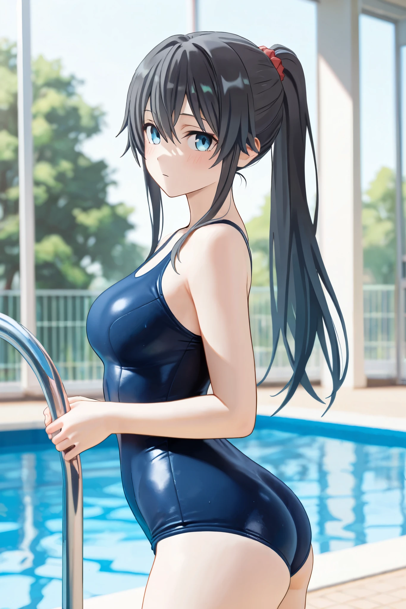 (masterpiece、Highest quality、In 8K、High resolution:1.2)、alone、One Girl、 Fumika Sagisawa、Feeling embarrassed、Look at the viewers、whole body、Transparent competitive swimsuit、Transparent racing swimsuit、Glossy body、Wet body、Daytime、Poolside、Low - Angle