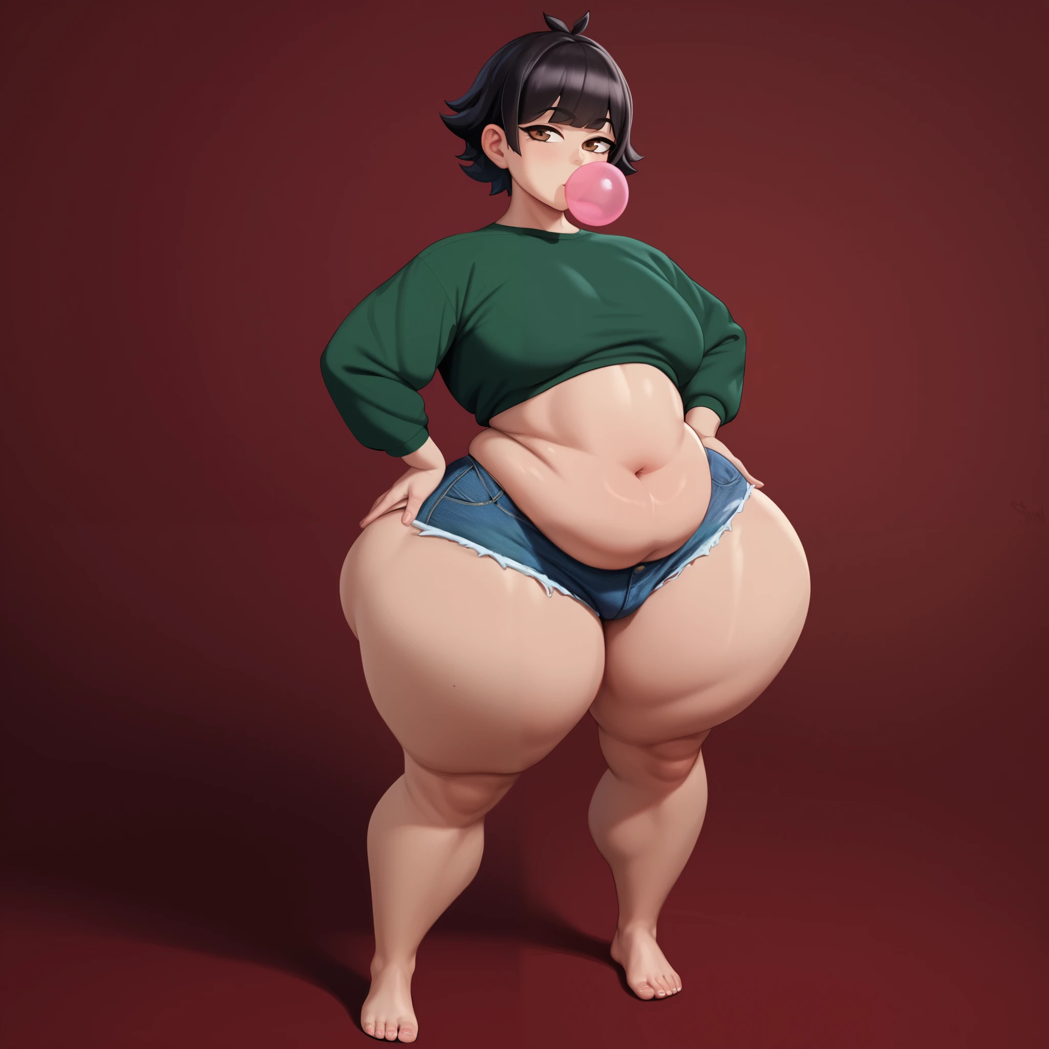 AGE 22 TALL MALE GREEN TSHIRT , SHORT HOT PANTS, LONG BLOND HAIR 1 femboy , (Fat:0 . 75) , stands on his feet , black hair , brown eyes , thicc, bubblegum body, he has a jiggly fat round belly, thick body, proportions thick, thicc build, seductive anime , thick painting, thick outline, insanely inflated hips,
