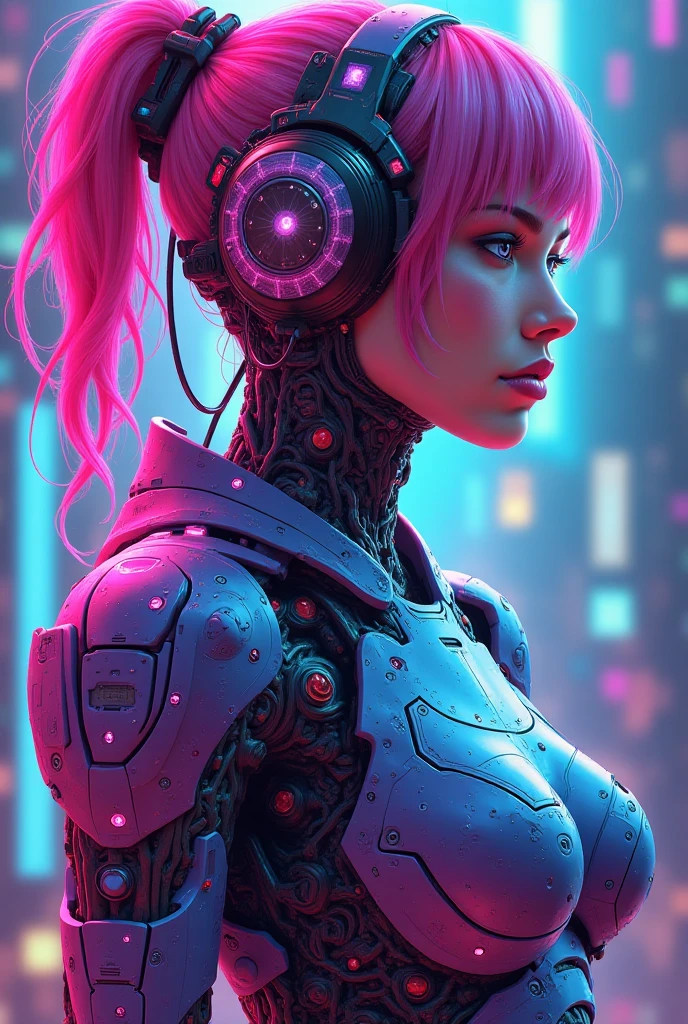 a woman with futuristic cyborg body, intricate mechanical details, glowing neon cyberpunk implants, bioorganic textures, steampunk gears and pipes, dramatic lighting, Pixar-style character design, intricate digital painting, cinematic composition, vibrant colors, masterpiece