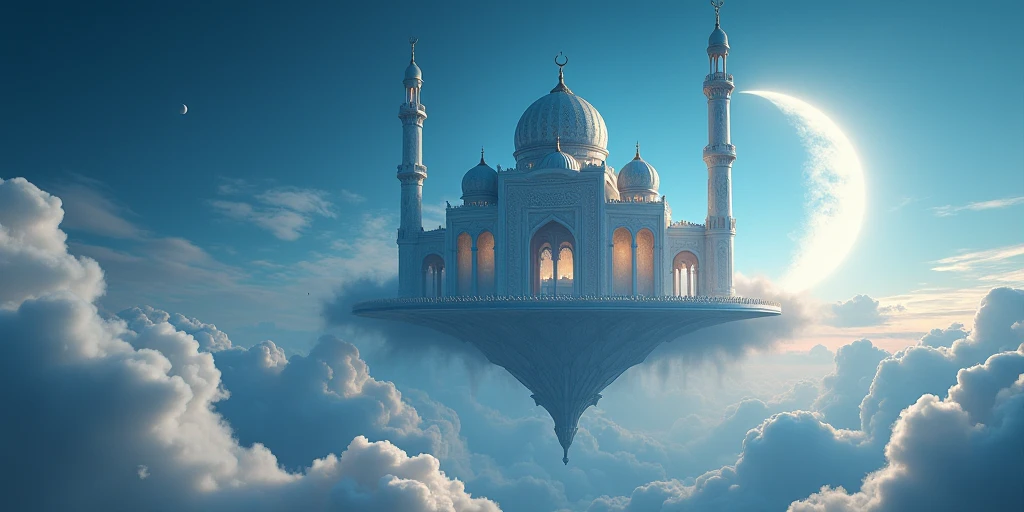 A huge and gigantic Arab palace on the back of the clouds in the sky and lots of lights and lights and giant clouds .
High accuracy, Ultra-high-resolution display, Very detailed, luster, halo on head, color deviation, glowing light, Rays of God, A picture of bliss.
Behind the palace is a fairy garden.