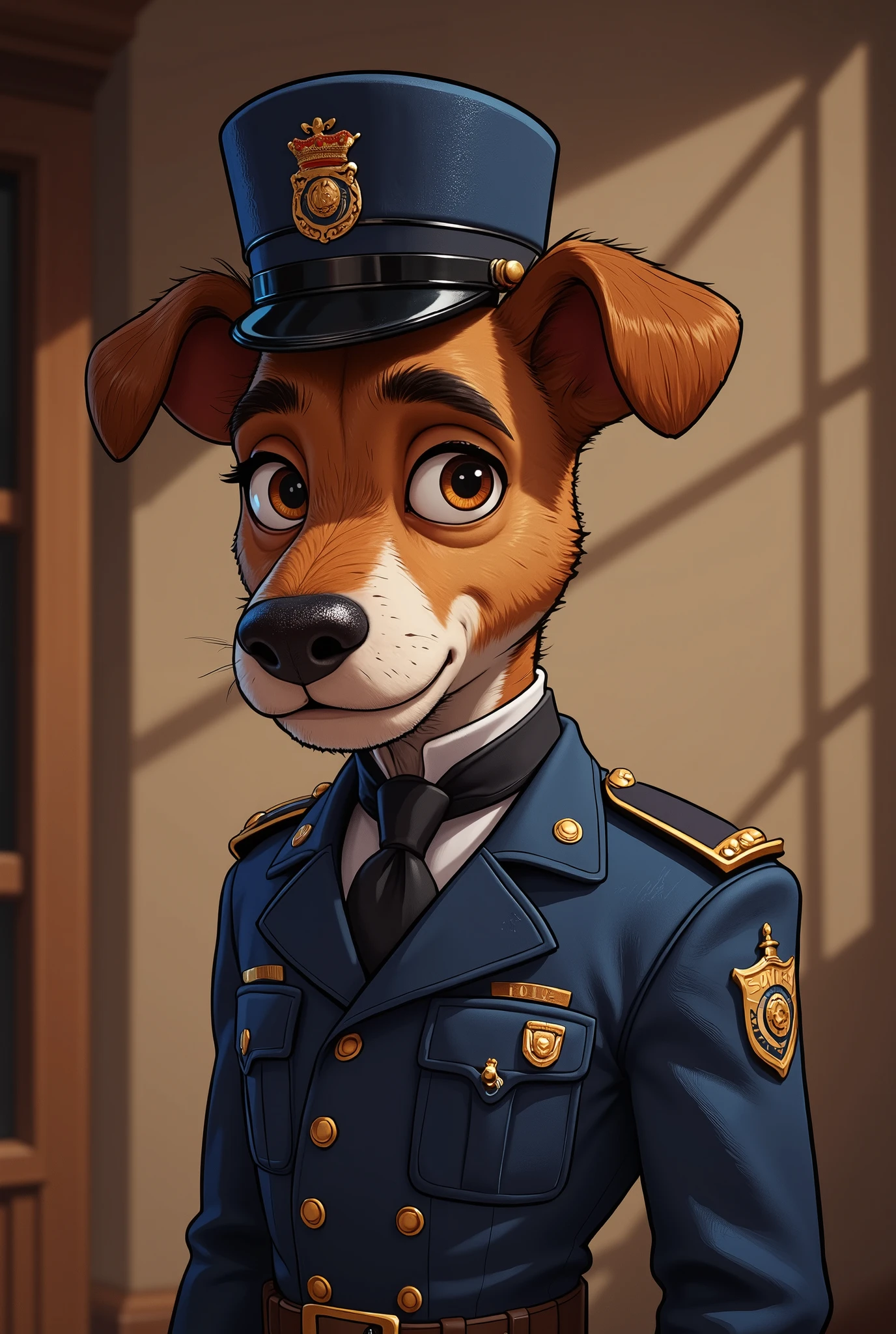 2-D art, cartoon style, old-school Disney, hand drawing, (best quality, masterpiece:1.2), side view, anthropomorphic, a Jagdterrier dog with short hair, wearing english police uniform, police inspector, like a 1890s style, noire, simple lines, looking to camera, serteuse look, big expressive eyes, (natural textile texture, soft light, sharp:1.2), (intricate details:1.1), bokeh