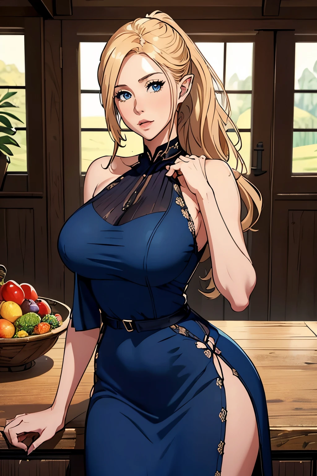 handsome farmer . (( BLONDE WOMAN, very straight hair , young woman , mature MILF's face , ponytail , tall woman, pointy ears)), Perfectly round face . pretty and cute face , big lips , beautiful and voluptuous , charming beauty , (( soft expression on the face )), ((Beautiful big, detailed blue eyes )), thin waist, long legs (( dark blue dress , mature adult woman , adult milf face, capa longa, A farmer's wife's dress )) ( sniper )), official art , Award-winning digital painting , digital illustration , extreme details , 4K, Ultra HD, rococo, polished, intricate, realistic fantasy art , sharp focus, conceptual artwork , arte por wlop, germ of art, ( 2D vector illustration ) light, airy, hourglass-shaped body . ellie bamber